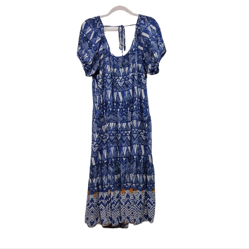 Knox Rose Puff Short Sleeve Tiered Dress Blue Paisley Beach Prairie Size L - Picture 2 of 10